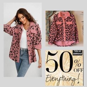 Umgee Pink Leopard Print Corduroy Shacket. Size Medium